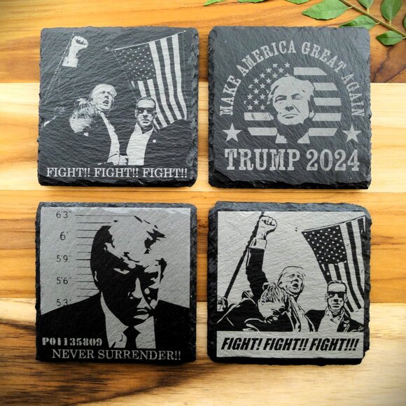Donald Trump 2024 July 13 Assassination FIGHT Never Surrender Slate Coaster Set - Picture 6 of 15